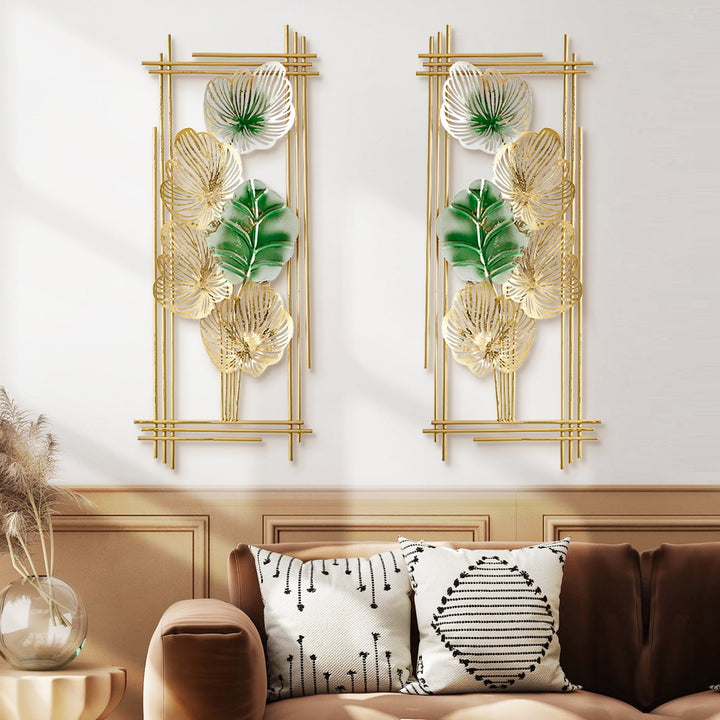 860mm 2 Pieces Metal Leaf Framed Wall Decor Gold & Green Rectangle in Living Room