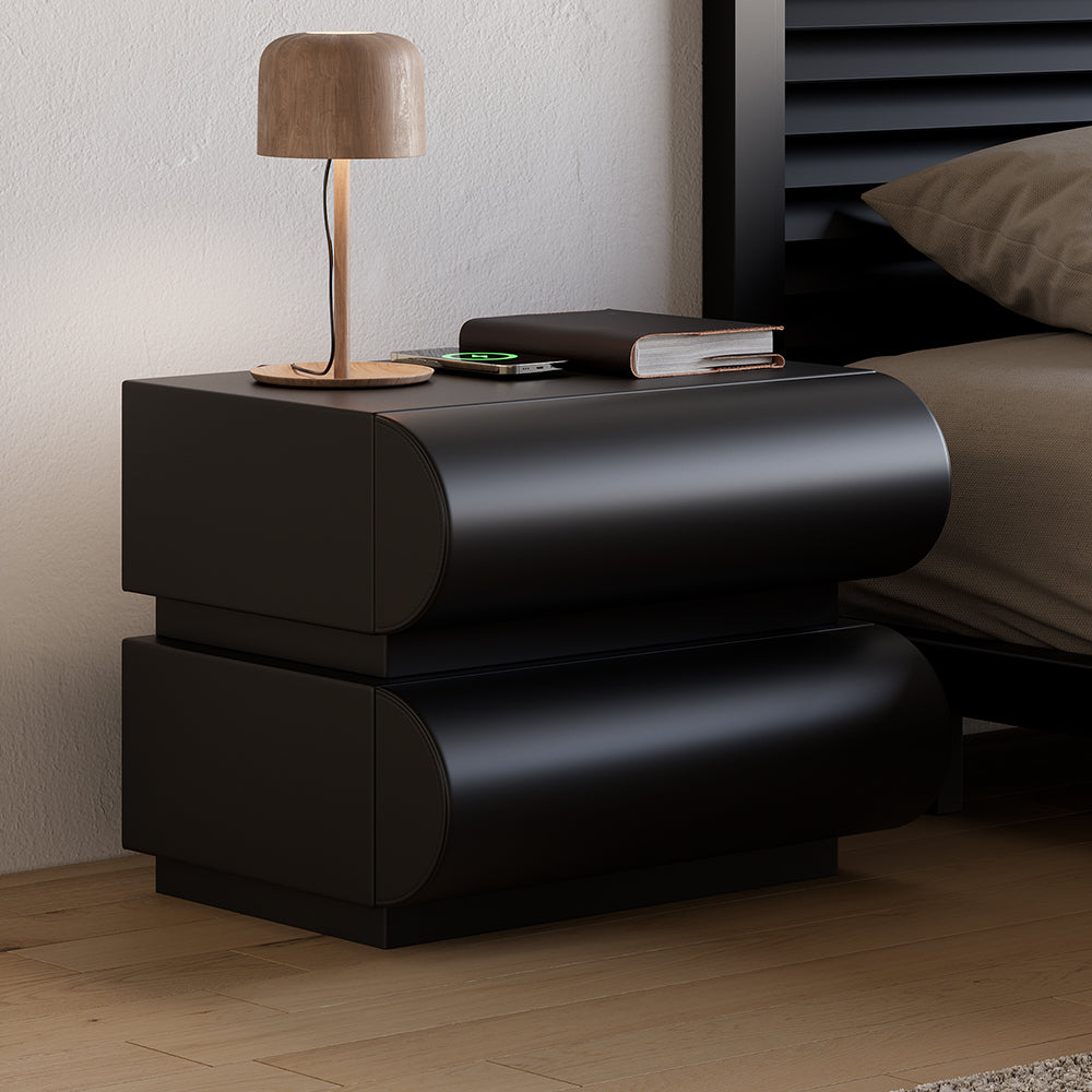 Modern Black Leather Smart Nightstand with Wireless Charger 2 Drawers Bedside Table with USB & Type-C Ports