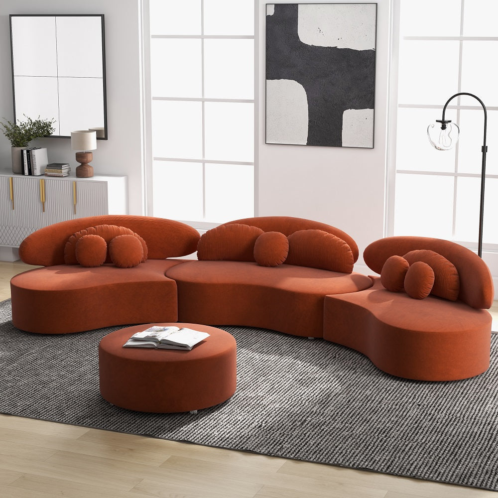 Homary Modern 7-Seat Sofa Curved Sectional Modular Orange Velvet Upholstered with Ottoman