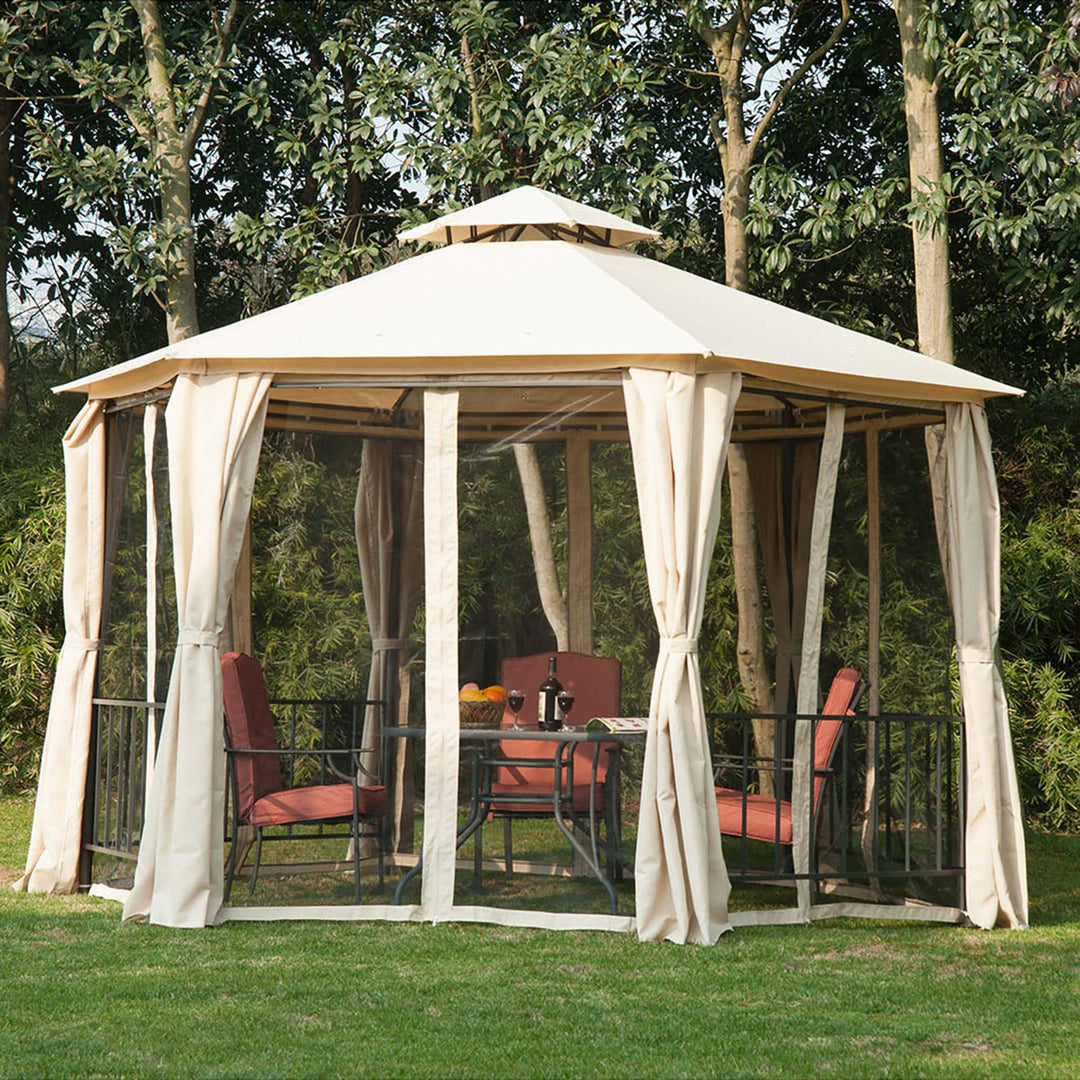 Waterproof Hexagon Gazebo Patio Canopy Party Tent Outdoor Garden Shelter w/ 2 Tier Roof & Side Panel - Beige