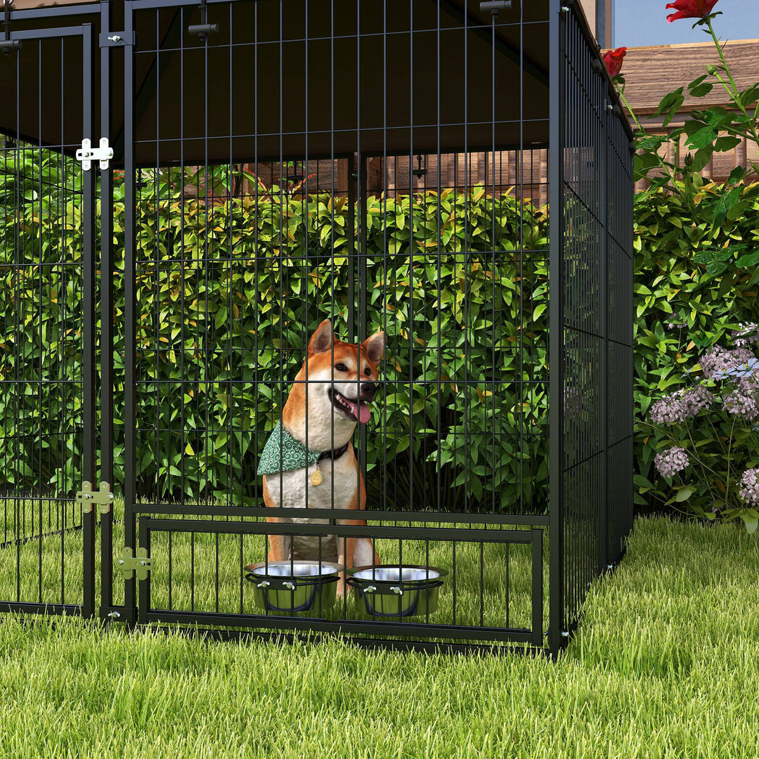 Outdoor Dog Kennel Puppy Play Pen with Canopy Garden Playpen Fence Crate Enclosure Cage Rotating Bowl 141 x 141 x 151 cm