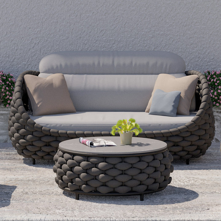 Tatta 2-Seater Woven Rope Outdoor Sofa Patio Loveseat Removable Cushion Gray & Black