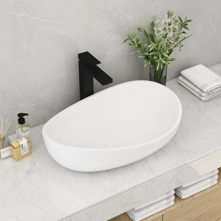 Bathroom Stone Resin Oval Counter Top Basin Glossy White with Pop Up Waste