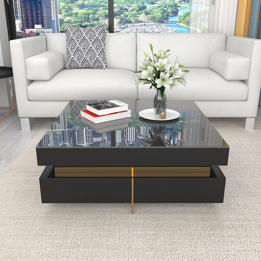 Black Modern Square Coffee Table with Drawers Tempered Glass Top & Metal Legs