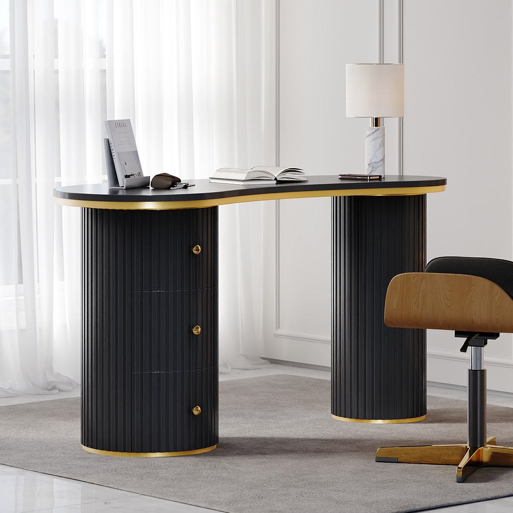 1400mm Modern Black Curved Desk 3-Drawer Wooden Home Office Desk Double Pedestal