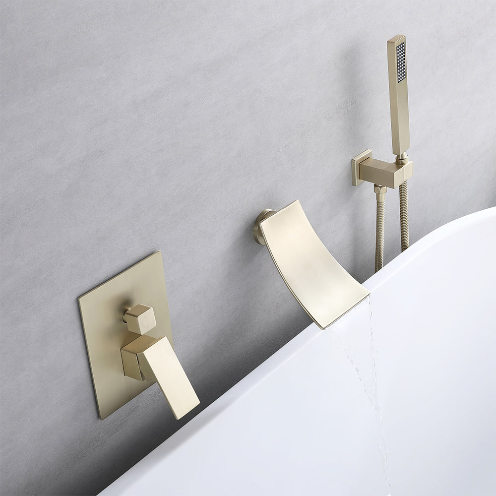 Shoop Waterfall Wall-Mount Bath Mixer Tap Single Lever Handle & Handshower Burshed Gold