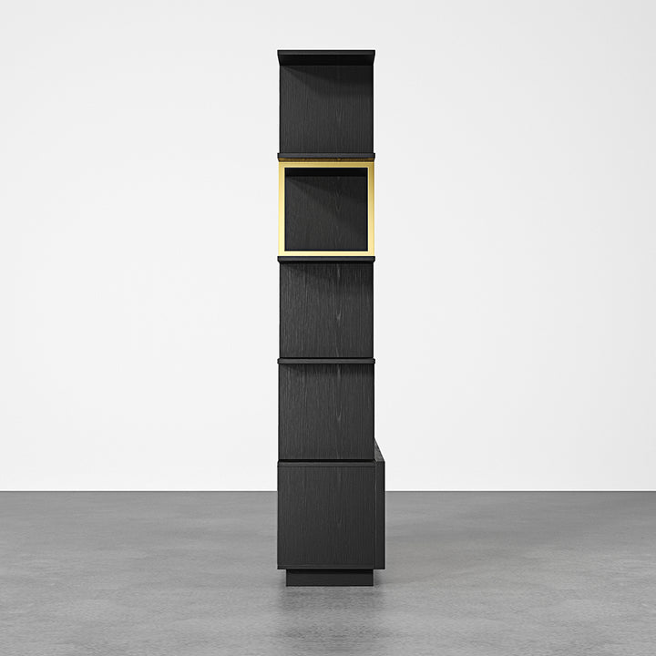 5-Tier Black Wood Bookshelf with 2 Doors Modern Bookcase in Gold Finish