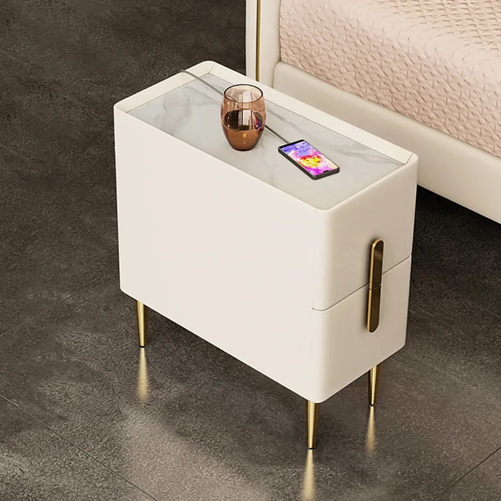 Inarrow Modern Beige Nightstand Bedside Table with 2 Drawers in Gold Legs