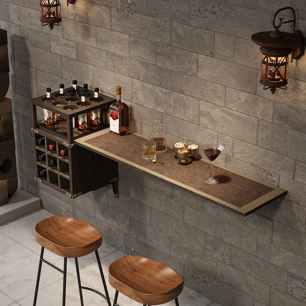 1805mm Wall Mounted Bar Table with Wine Bottle Storage Brown Faux Leather Wood Pub Table