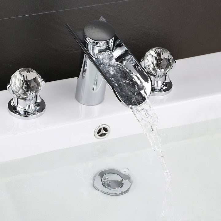 Morga Chrome Waterfall Bathroom 3 Hole Basin Tap with Crystal Handles