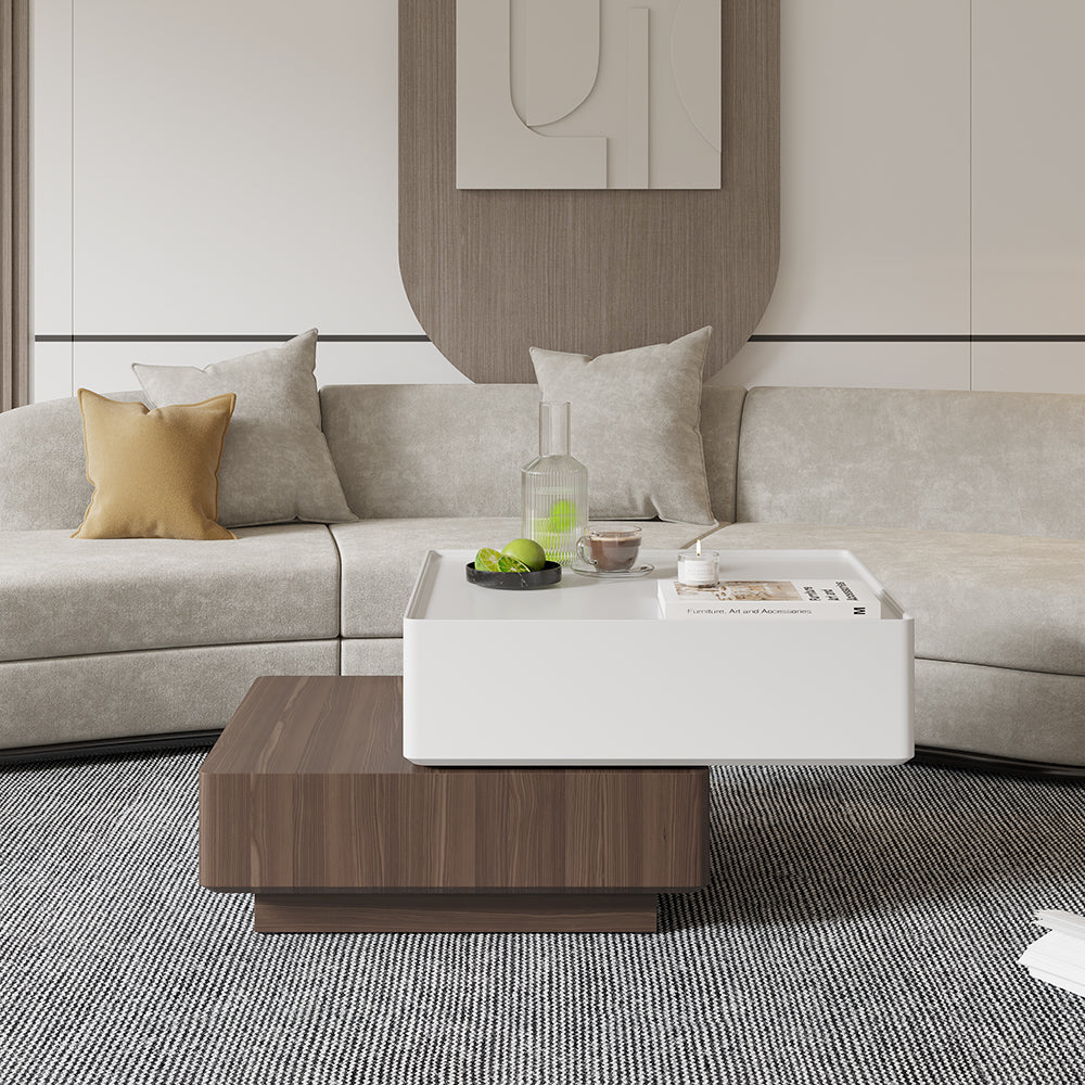 Japandi Square Swivel Rotating Coffee Table with 2 Drawers in White & Walnut