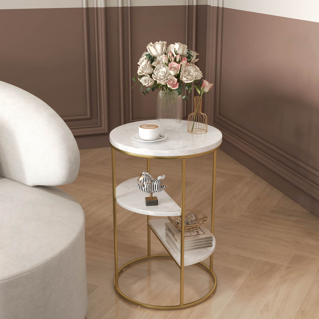 3-Tiered White & Gold End Table with Shelf Sintered Stone Top & Metal Frame Side Table