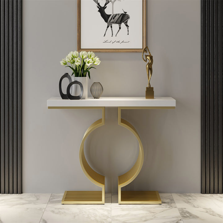 Narrow White Hall Table with Geometric Gold Metal Base