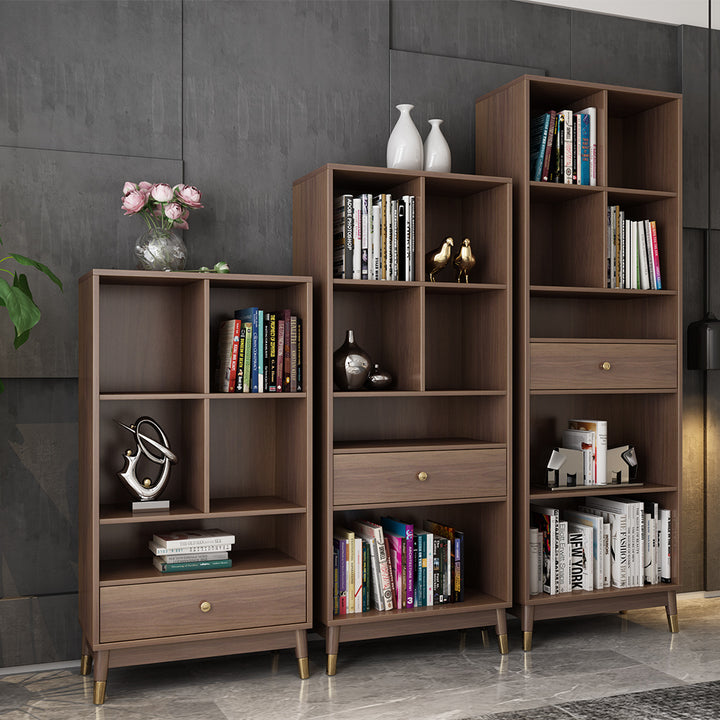 Ultic Modern Walnut Bookshelf Bookcase with Metal Frame and Drawer