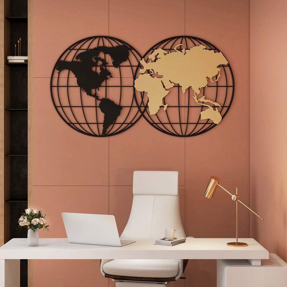 1105mm Modern Geometry World Map Wall Decor with Metal Round Frame in Black & Gold