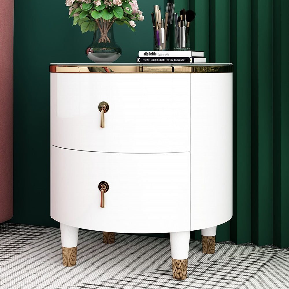 2-Drawer Round Bedside Table Modern White Bedside Table in Gold Finish