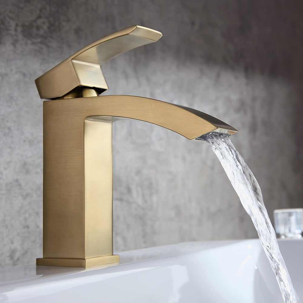 Ridge Contemporary Style Brushed Gold Single Hole Deck Mounted Bathroom Sink Faucet