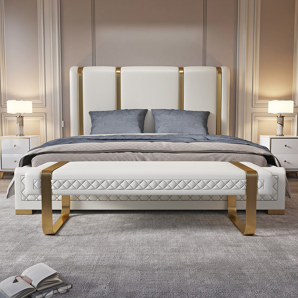 Modern White Faux Leather Upholstered Bedroom Bench with Stainless Steel Frame