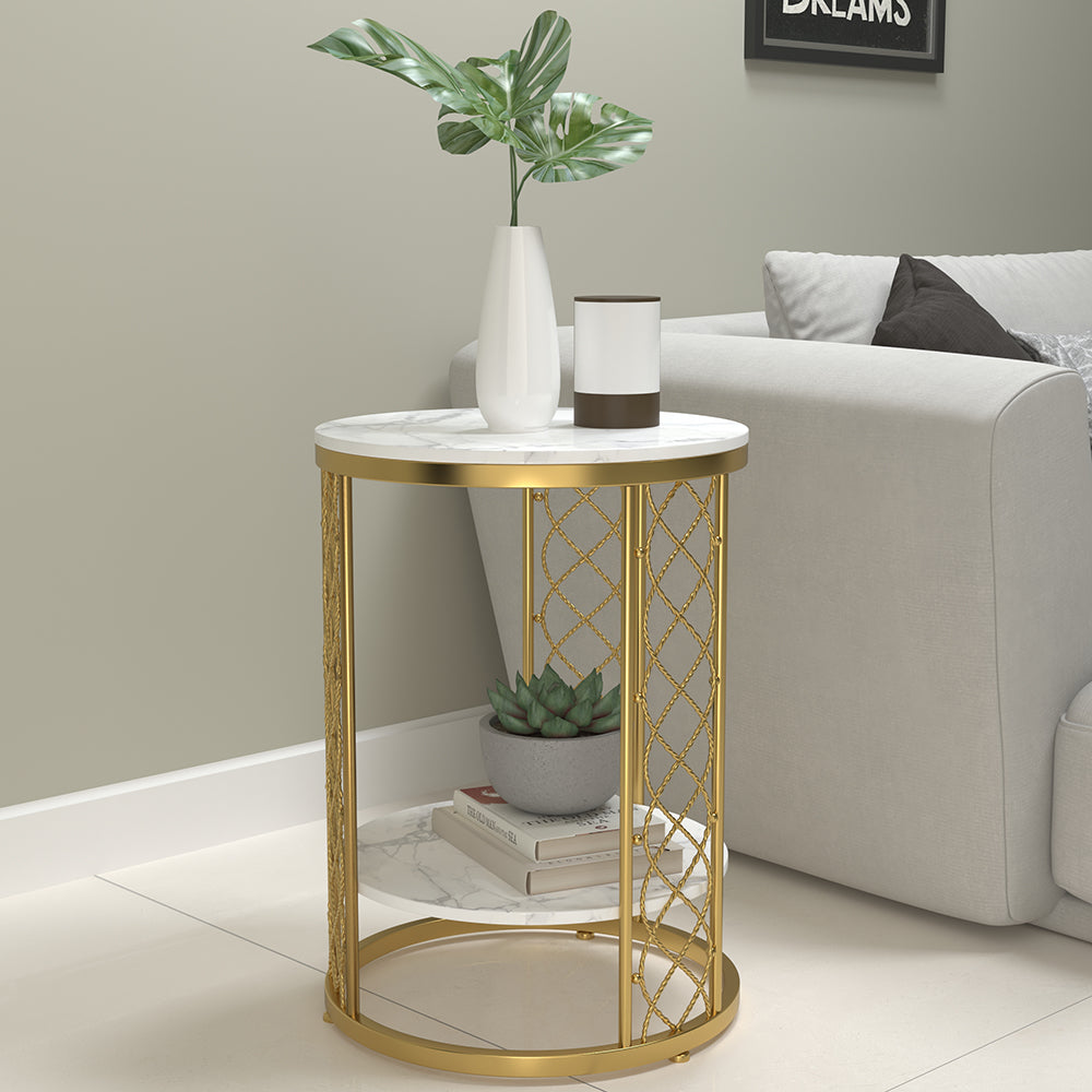 Modern White Round End Table with Storage Marble Side Table Metal in Gold