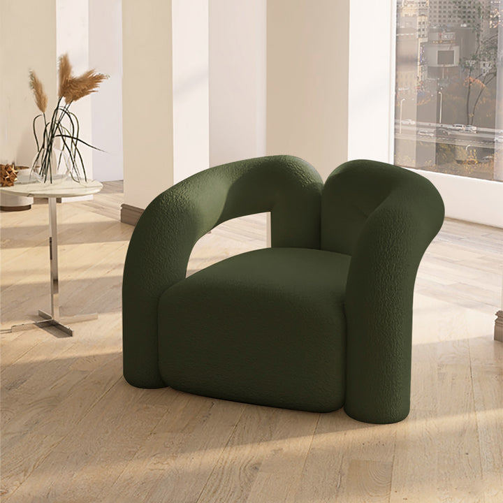 Japandi Dark Green Boucle Accent Chair Shaggy Armchair for Living Room