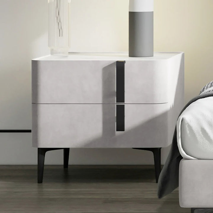 Modern White Bedside Table with 2 Drawers & Stone Top Bedroom Freestanding Nightstand