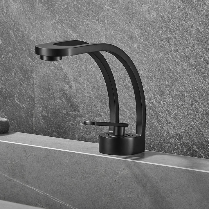 Modern Monobloc Black Bathroom Mixer Tap Single Lever Handle C-Shaped Spout Solid Brass