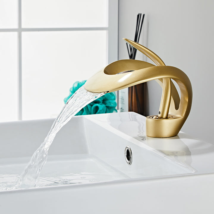 Modern Elegant Waterfall Bathroom Basin Tap Single Lever Handle Solid Brass in Gold