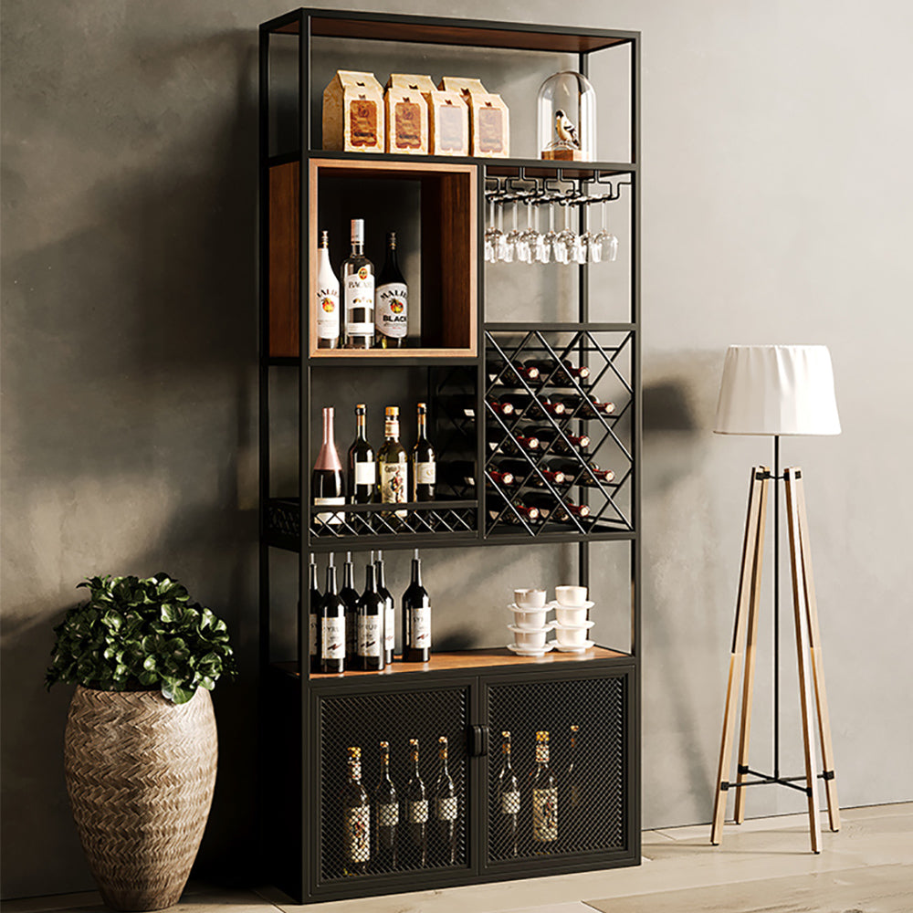 Industrial Tall Black Bar Wine Rack Cabinet with Glass Holder Wood 5-Tier Home Bar Cabinet