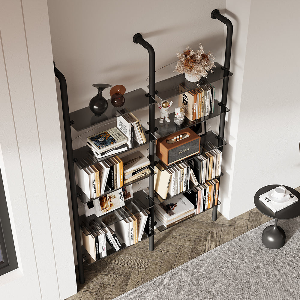 5-Tier Industrial Ladder Shelf Acrylic Black & Grey Wall Mounted Display Bookshelf