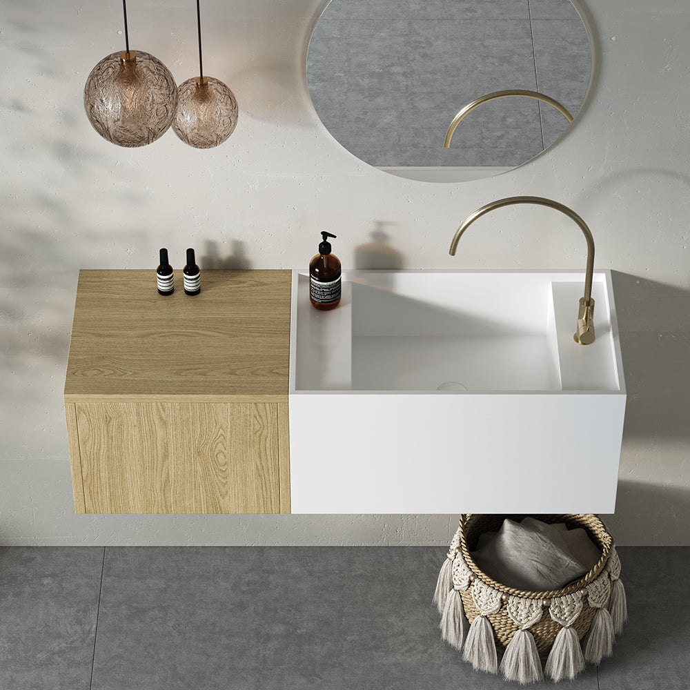 Floating Bathroom Vanity Wall-mounted Single Sink with Cabinet in Light Wood & White