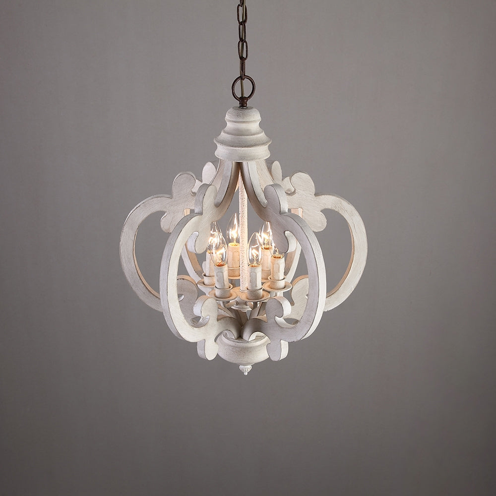 French Country Weathered Wood & Iron 6-Light Candle-Style Chandelier in Distressed White