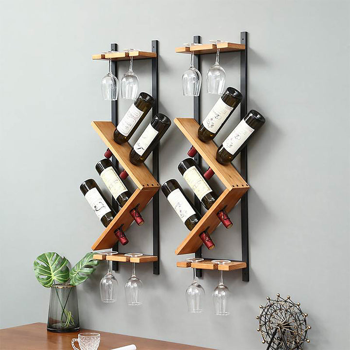 Modern Wall Mounted Wood Wine Rack 4-Bottle & 4 Wine Glass Rack Stemware Holder Rack