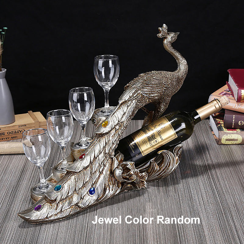 Vintage Peacock Wine Glass Rack Tabletop Wine Bottle Holder in Antique Silver