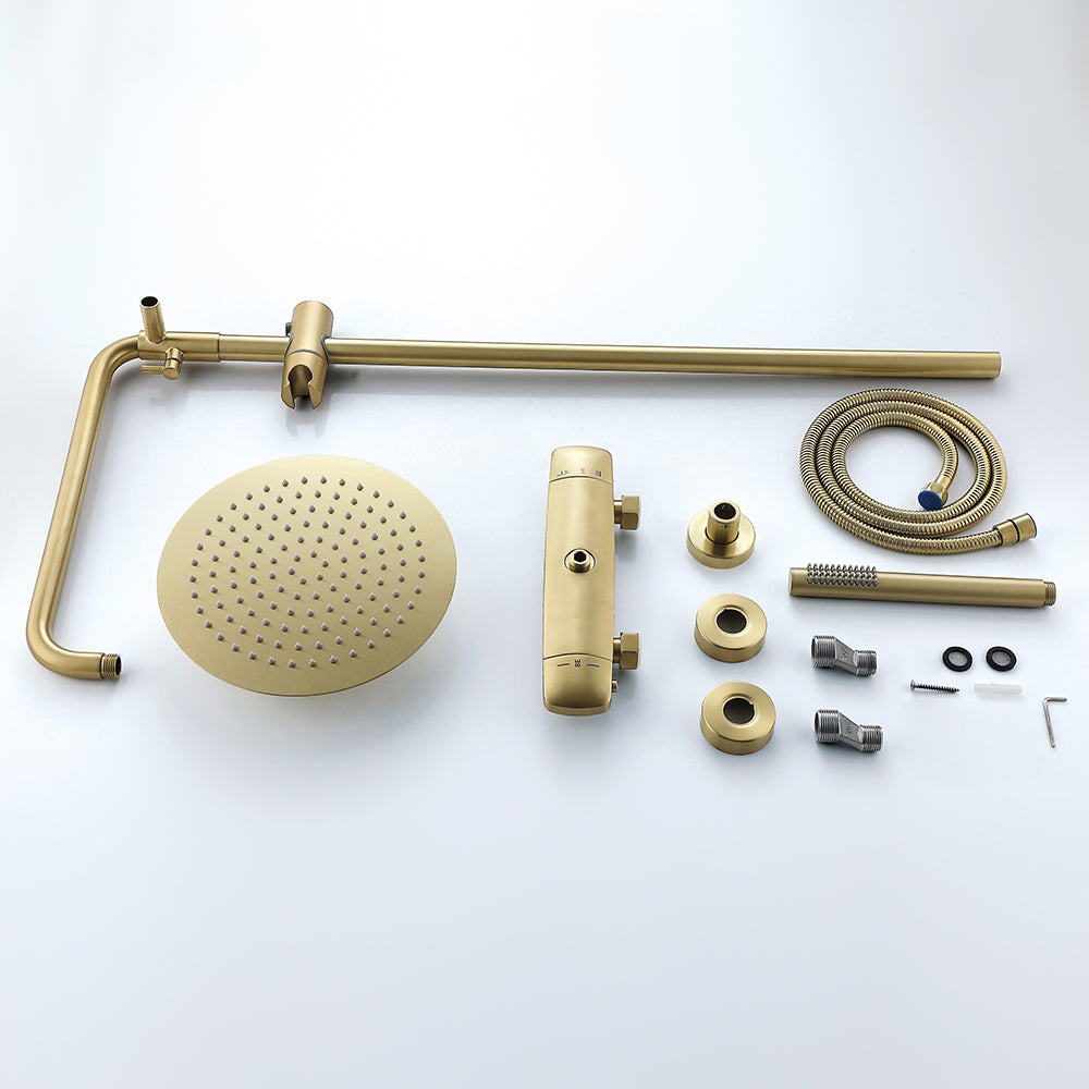 250mm Modern Luxury Exposed Shower Fixture Thermostatic Rainfall Shower Head Gold