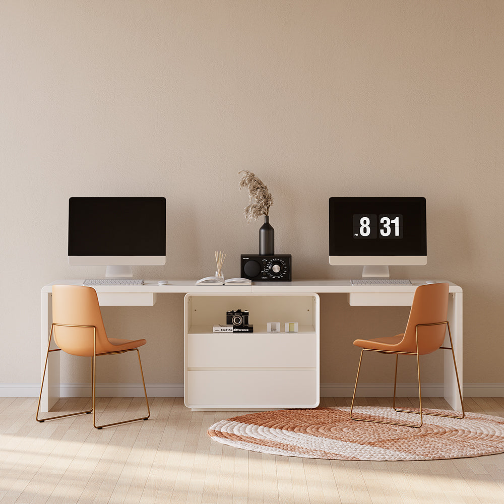 2-Person Double Computer Desk Modern White Retangular Office Desk with 4 Drawers & 1 Cabinet (2400mm)