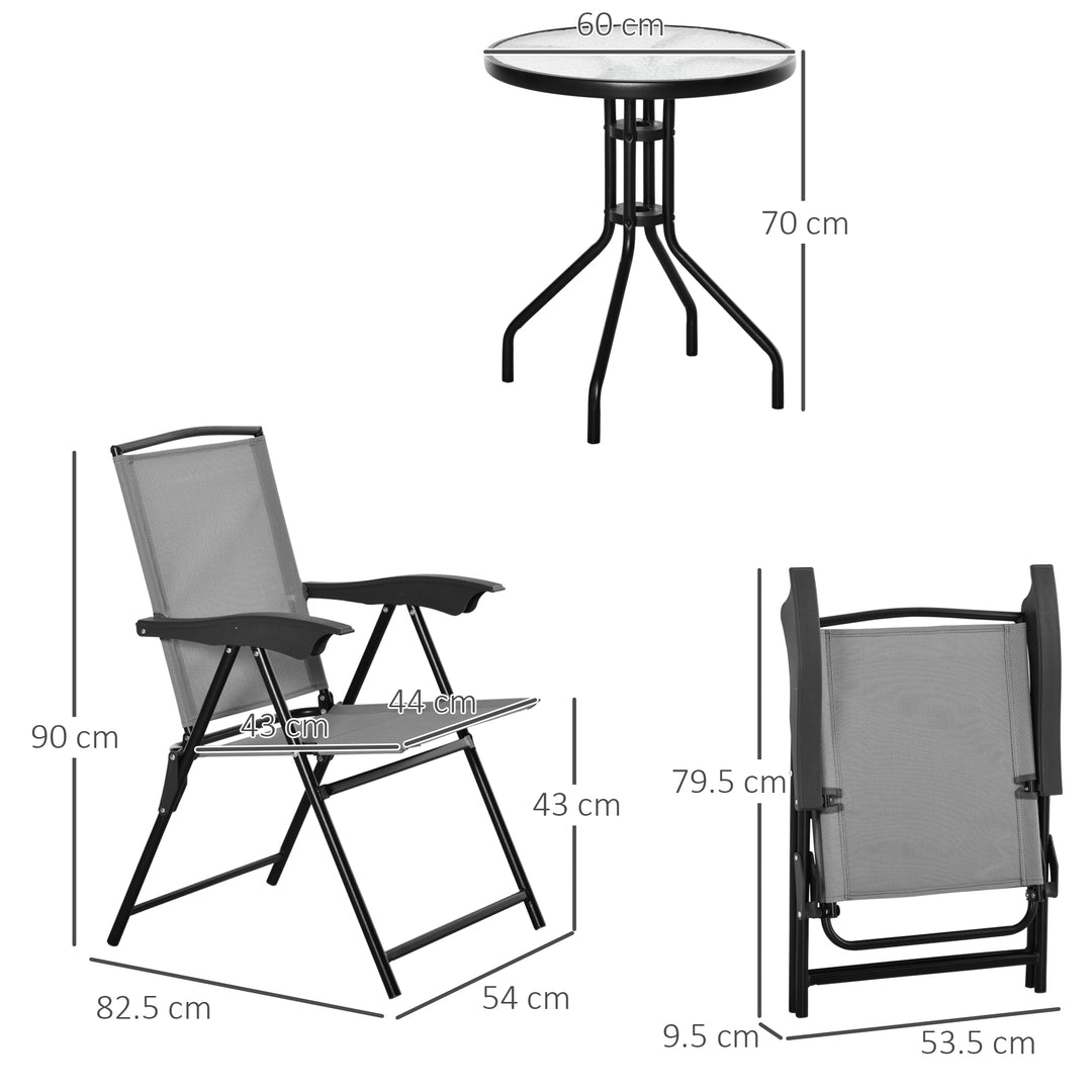 3 Piece Patio Furniture Bistro Set 2 Folding Chairs 1 Tempered Glass Table Adjustable Backrest - Grey