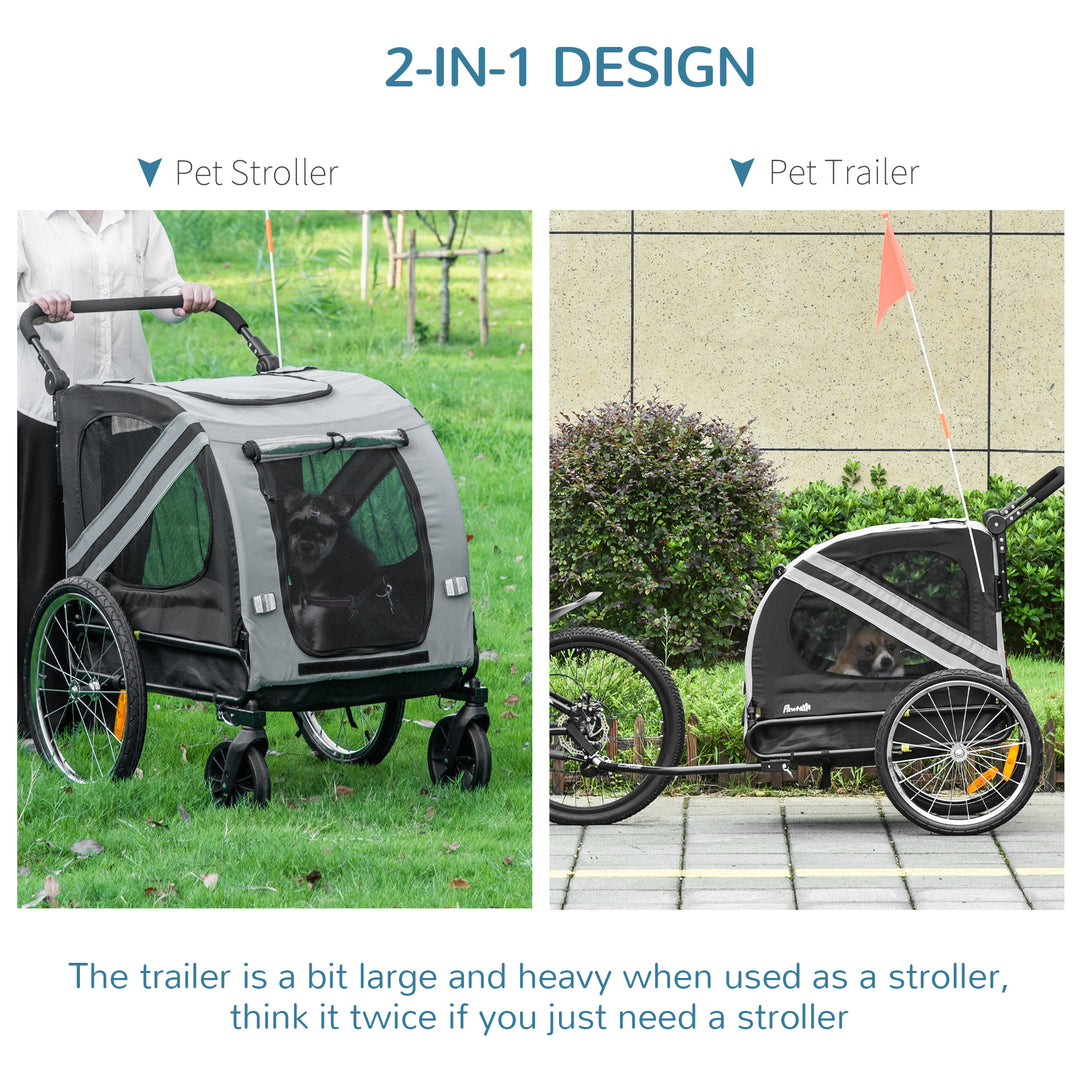 Dog Bike Trailer 2-in-1 Pet Stroller Cart Bicycle Carrier Attachment for Travel in steel frame with Universal Wheel Reflectors Flag Grey