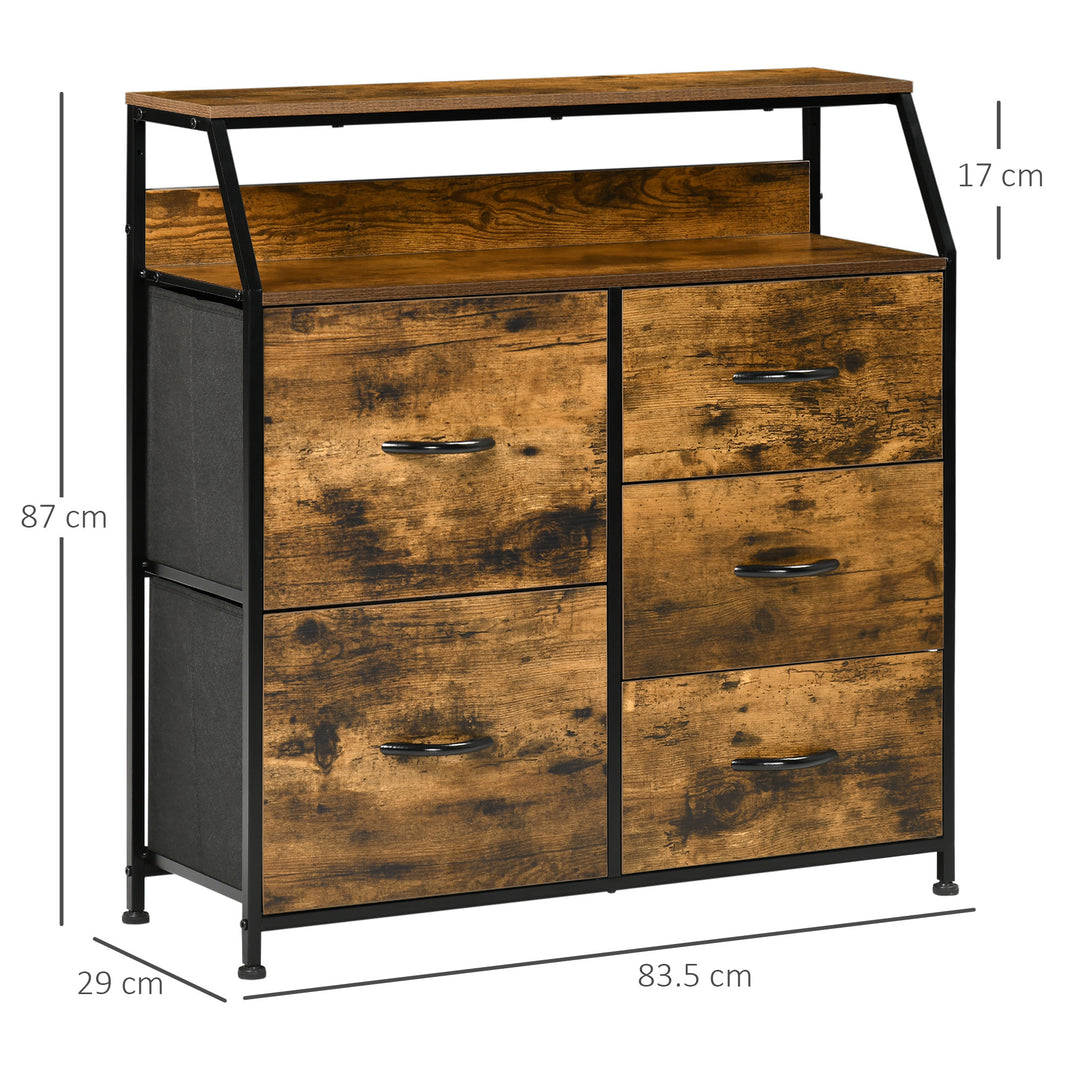 Chest with 5 Fabric Drawers, Rustic Brown