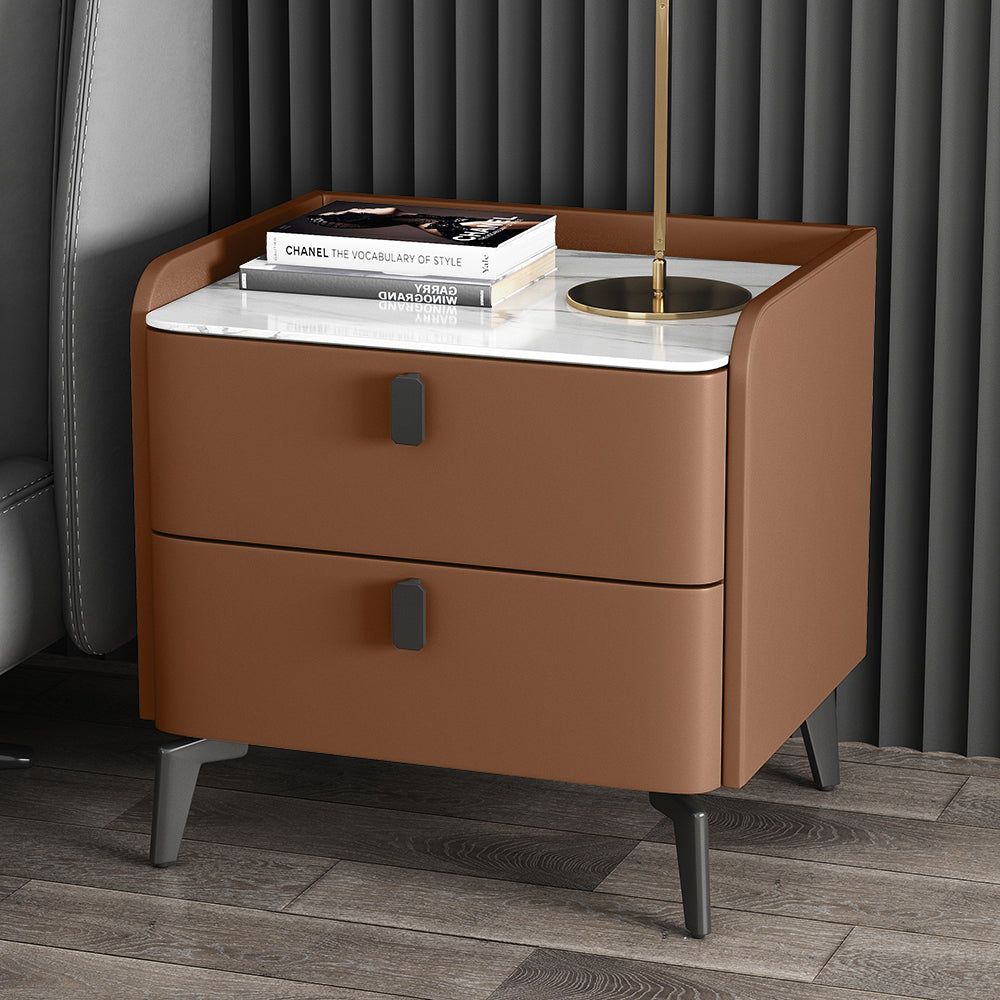 Modern Nightstand with 2 Drawers Bedroom Nightstand in Orange, Faux Marble Top