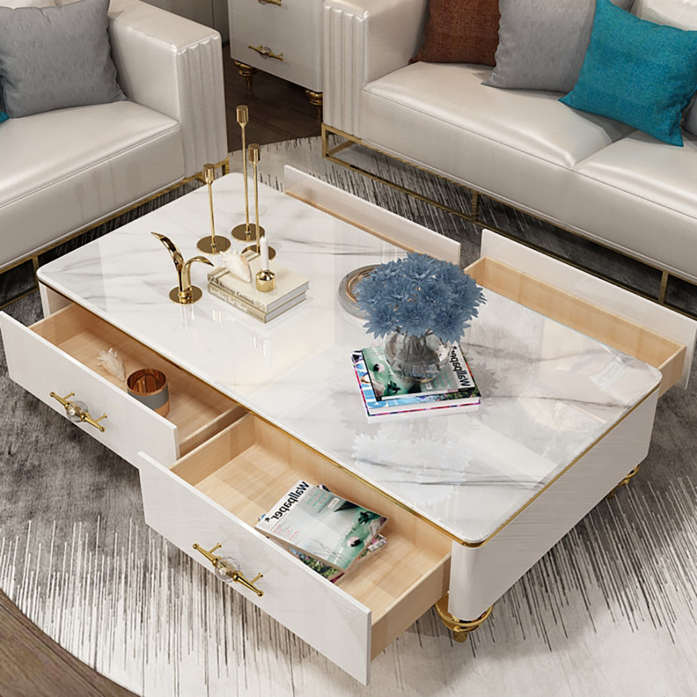 Chift 1300mm Modern Marble White Coffee Table & Storage Drawers Gold Stainless Steel Leg