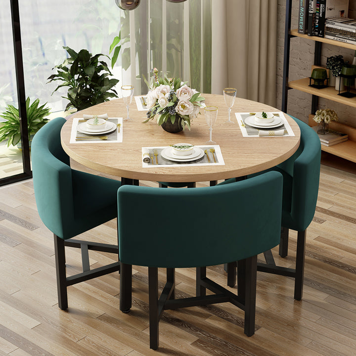 40" Round Wooden Nesting Dining Table Set for 4 Green Upholstered Chairs