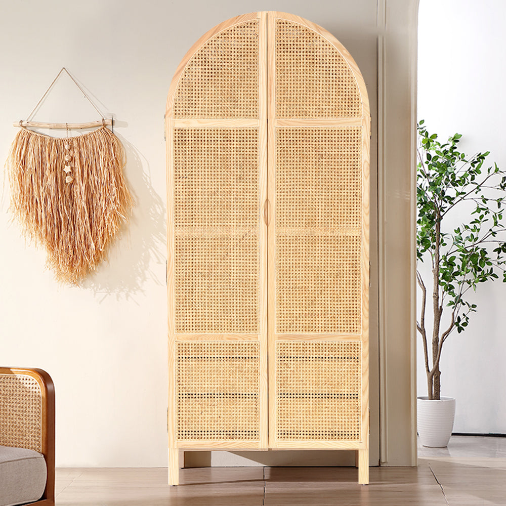 Natural Woven Rattan Bedroom Clothing Armoire with Hidden 2 Doors and Drawers Wardrobe