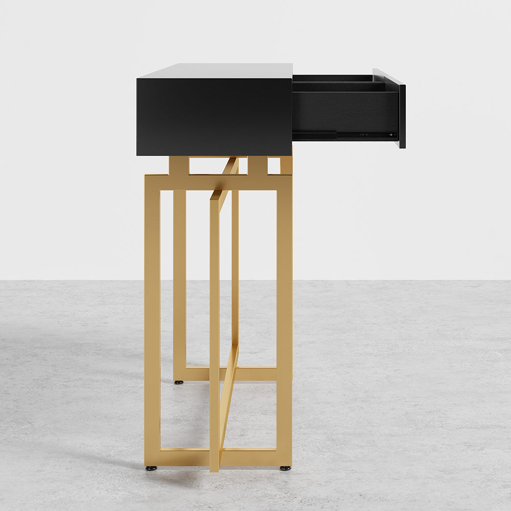 1200mm Modern Narrow Black Console Table with Storage Drawers and Metal Legs in Gold