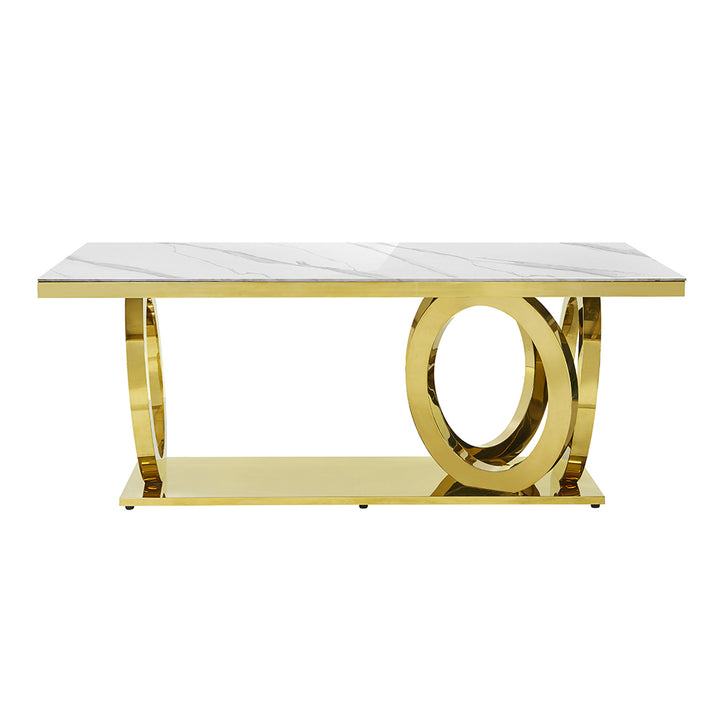 79" Rectangle Marble Dining Table Stainless Steel Base in Luxury Gold Modern White Dining Room Table