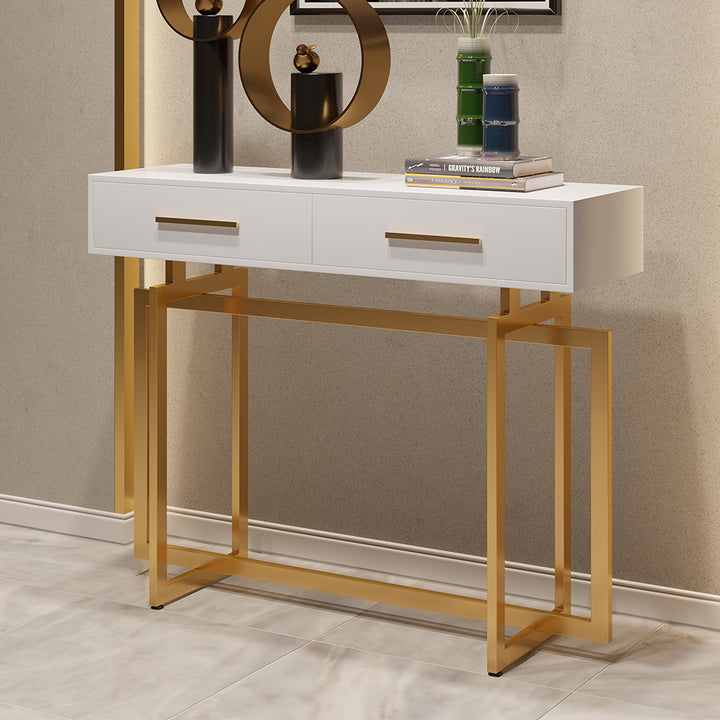 1200mm Narrow Console Table with Storage Drawers White Entryway Table with Metal Legs