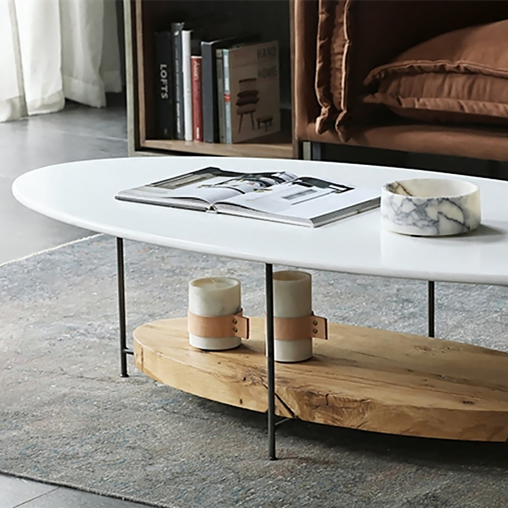 1000mm Modern White & Natural Oval Coffee Table with Storage Shelf Light Wood and Metal