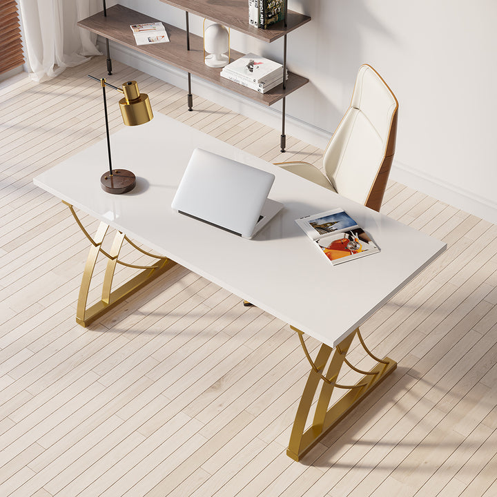 1400mm Modern White Rectangular Home Office Desk with Pine Wood Table Top & Gold Frame