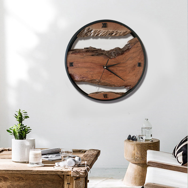 400mm Rustic Silent Round Wooden Roman Numeral Live Wall Clock with Seconds