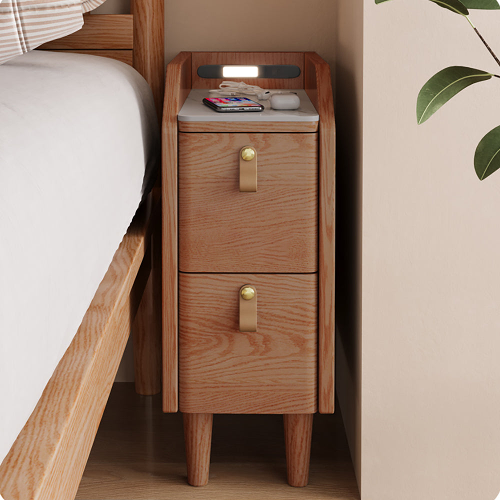 Modern Narrow Smart Nightstand Cherry Bedside Table with Sensor Light & USB Port