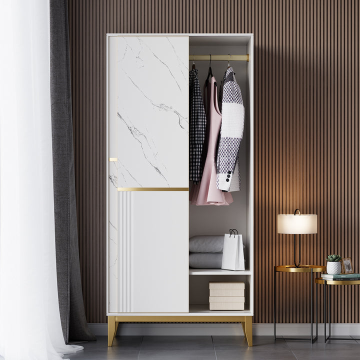 Modern White Closet with Sliding Doors Wardrobe with Shelves & Hanging Rod